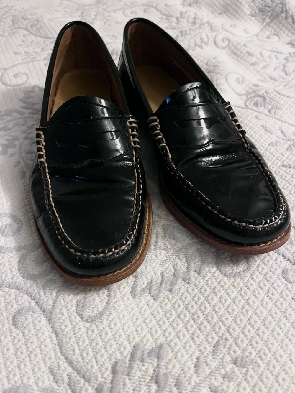 G.H. Bass & Co. Black Patent Leather Penny Loafers with Brown Sole Trim - Picture 3 of 4